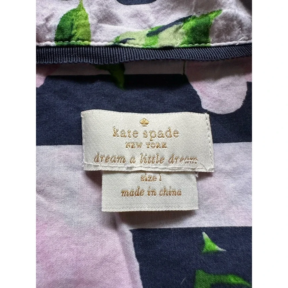 Kate Spade Roses Stripe Pink Floral Navy Blue Striped Pajama‎ Button Top L Large